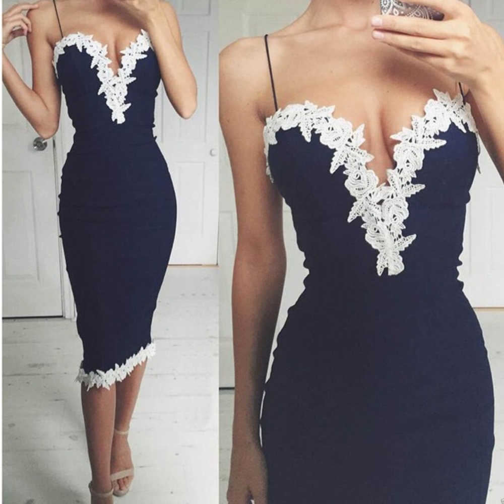 Dark Navy Dress with Lacy Accents. NEW without tag